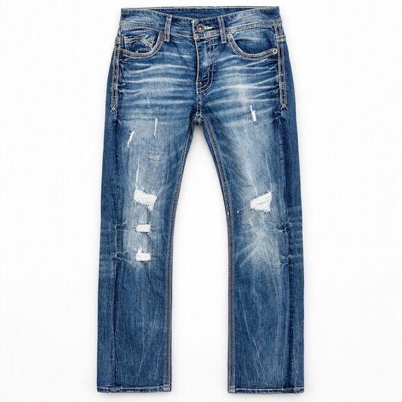 BKE Other - BKE Alec Straight Jeans Krypton Blue Whiskered Distressed Stretch Men's 28x32